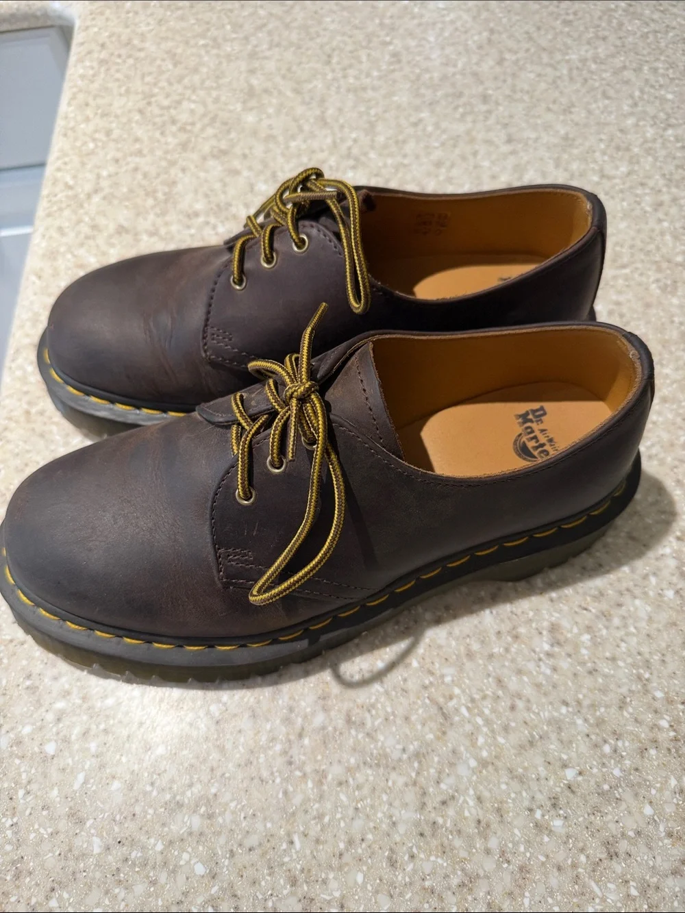 Dr. Martens Dark Brown Leather Derby Shoes with Yellow Stitching